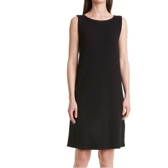 Eileen Fisher Knit Stretch Elegant Black Sleeveless Dress Size Large - Picture 1 of 10